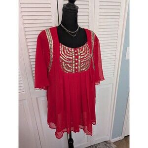 Denim 24/7 Blouse Women's 22W Pleated Red Sheer Gold Sequin Glam Tunic Top NEW